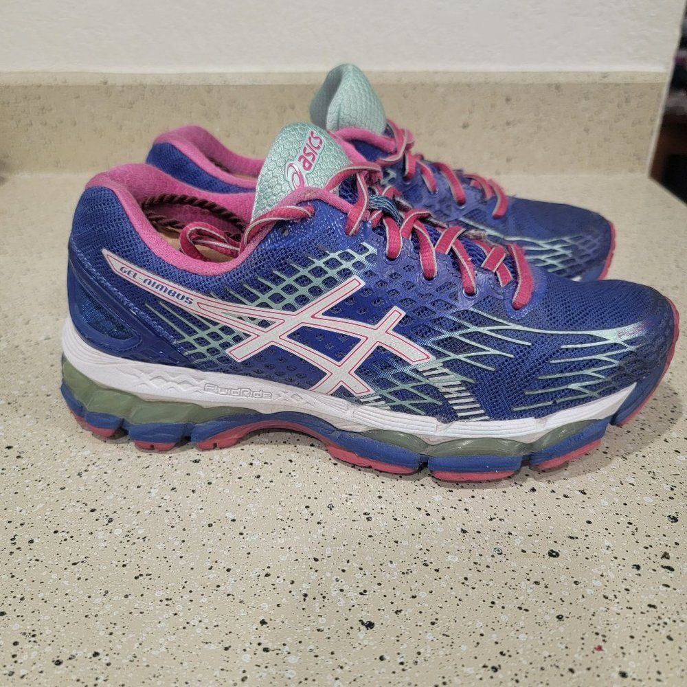 Asics GEL Nimbus 17 Womens Size 7 Running Shoes Blue Pink Athletic Trainer Shoe